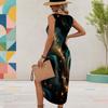 Women Plus Size U Neck Sleeveless Abstract Printed Dress Red Black High Side Slit Curved Hem