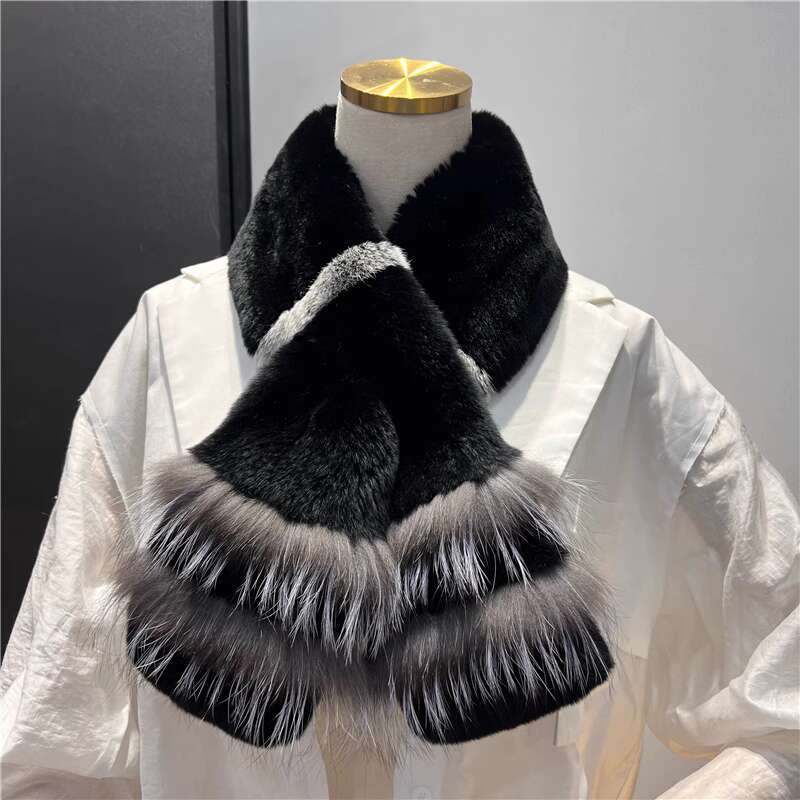 

Real Rex Rabbit Fur Scarf women Winter Warmth Thick Double-sided Fur Scarves with fox fur Natural Fur Mufflers Lady Fur Scarf 100cmx11cm чёрный
