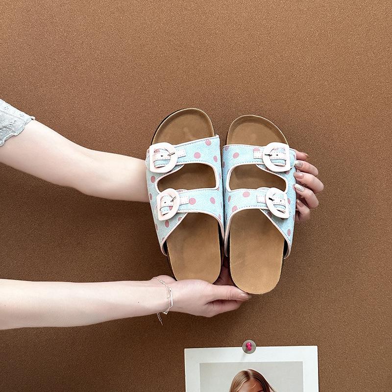 Retro non-slip two-button wood bran slippers summer new fashion platform beach shoes bright casual one-word sandals