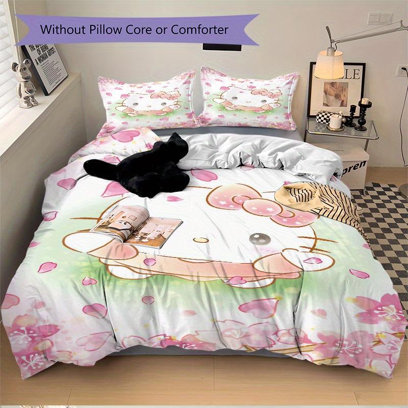 3pcs Petals Hello Kitty Quilt Cover Set (1 Quilt Cover + 2 Pillowcases Without Pillow Core), High-Definition Printing for Home and Dormitory.W075