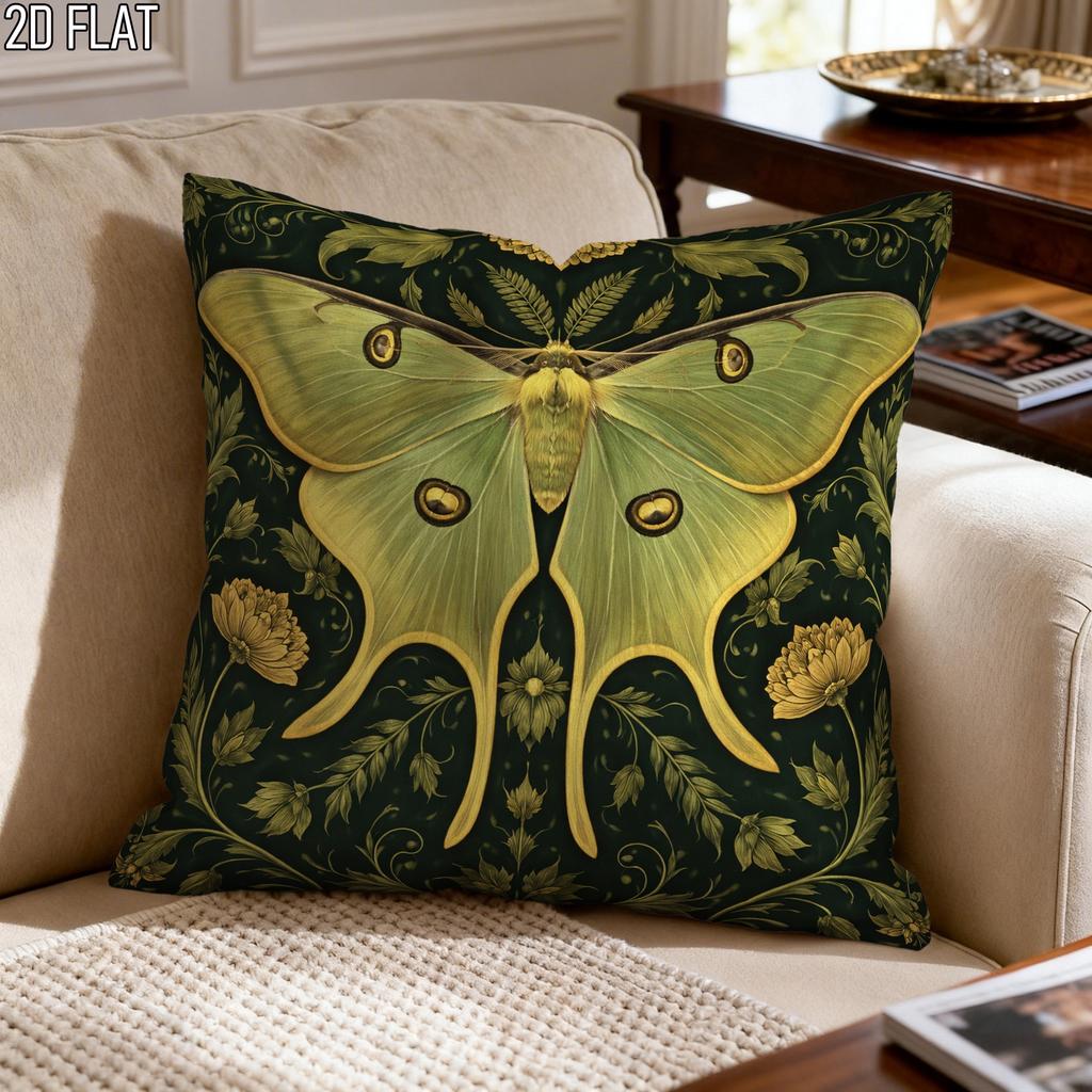 Vintage Luna Moth Throw Pillow Cover Dark Green Floral Botanical Art Cushion Case For Witchy Cottagecore Home Decor