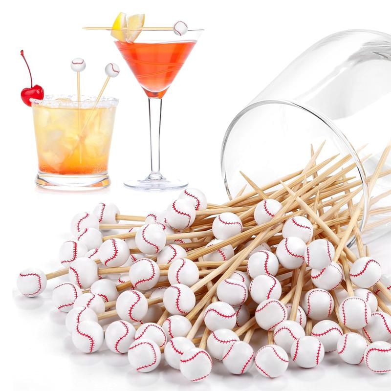 Practical-100 Pieces Baseball Decorative Bamboo Cocktail Picks Decorative Fruit Toothpicks For Appetizers Bar Drinks Fruit