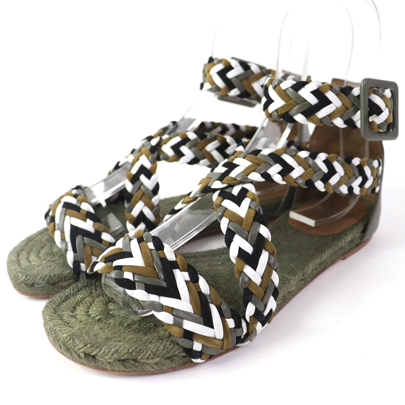 Great HERMES Sandals Mesh Design Ankle With Strap Flat Khaki Women 36 Used