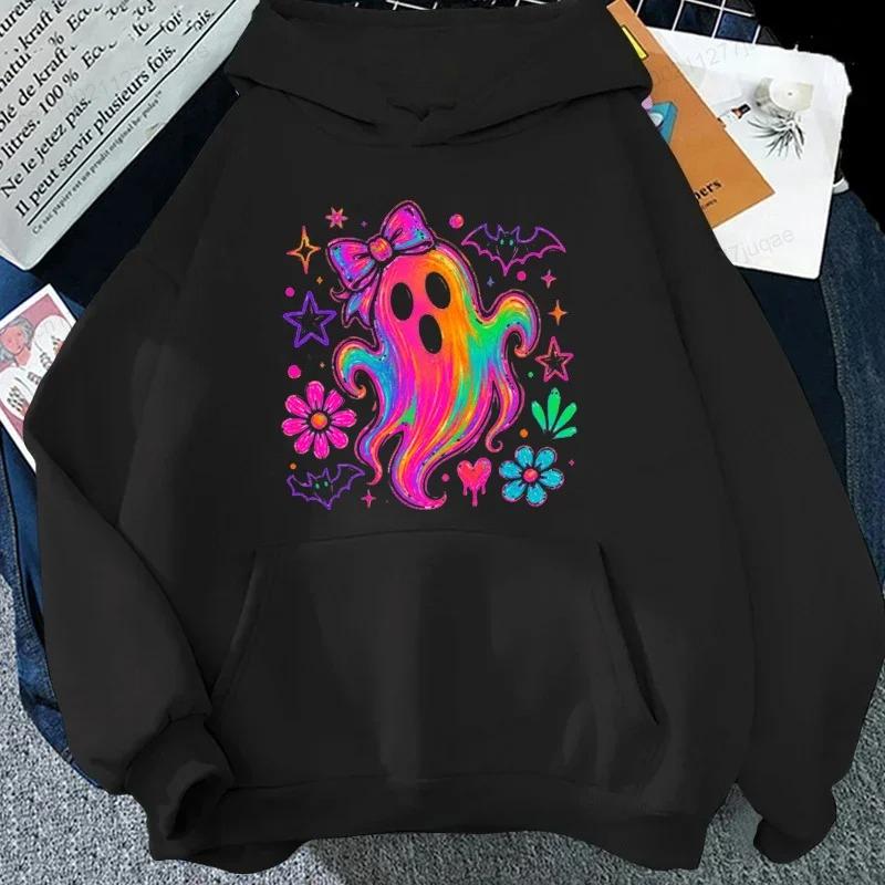 Rainbow Ghost Halloween Women Hoodie Y2k Style Sweatshirt Cute Bow Graphic Clothes Flower Bat Halloween Tracksuits Party Clothes