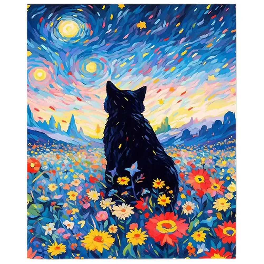 Paint By Numbers Kit For Adults Beginner Black Cat Acrylic Starry Sky Oil Paint Canvas With Brushes Paintwork Art Crafts V3Z5