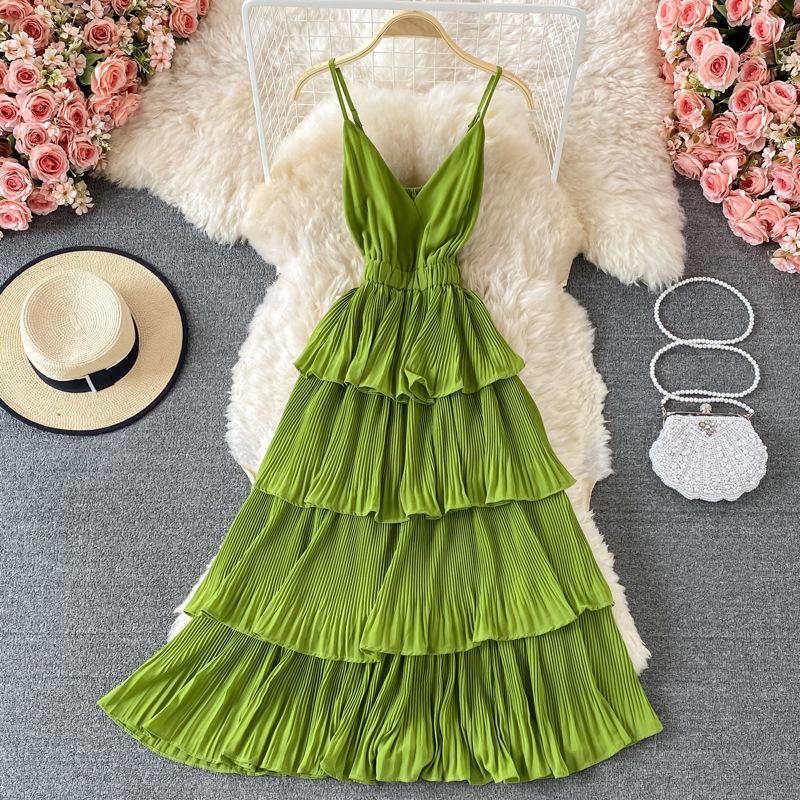 Léto Ženy Přehozené Volánky Špagetové Pásky Šaty Dovolená Plážové Vestido Dámské Elegantní Úzký midi župan s vysokým pasem