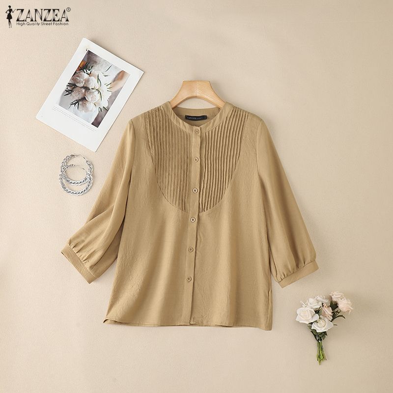 ZANZEA Blusa informal de mujer con cuello redondo, color liso, manga 3/4