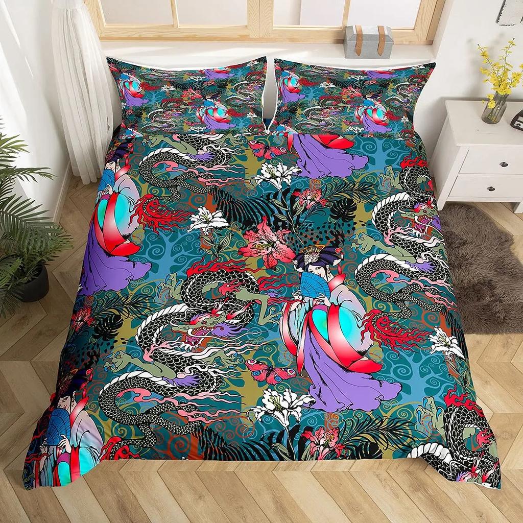 Dragon Duvet Cover Sets King/Queen Size 3D Flying Dragon with Wings Blue Fire Bedding Set Animal 2/3pcs Polyester Quilt Cover