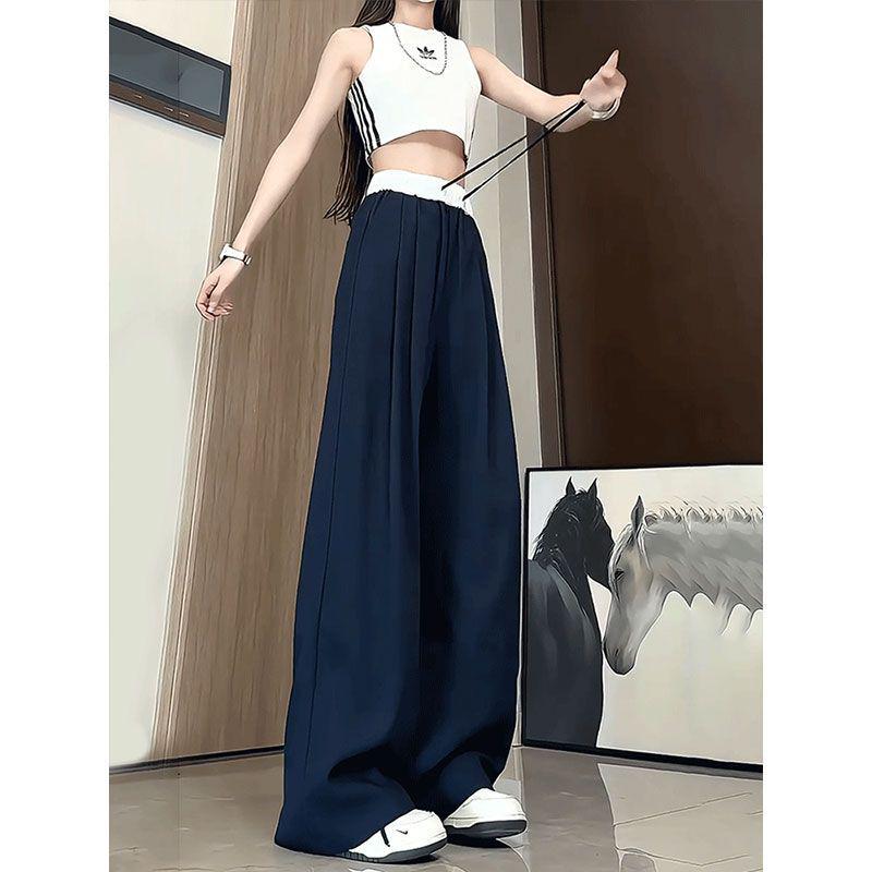 

Unisex Dark Blue Cotton Linen Pants: Summer Thin, Patchwork, Fake Two-Piece, Casual Loose, Flowy Long Design S темно-синий