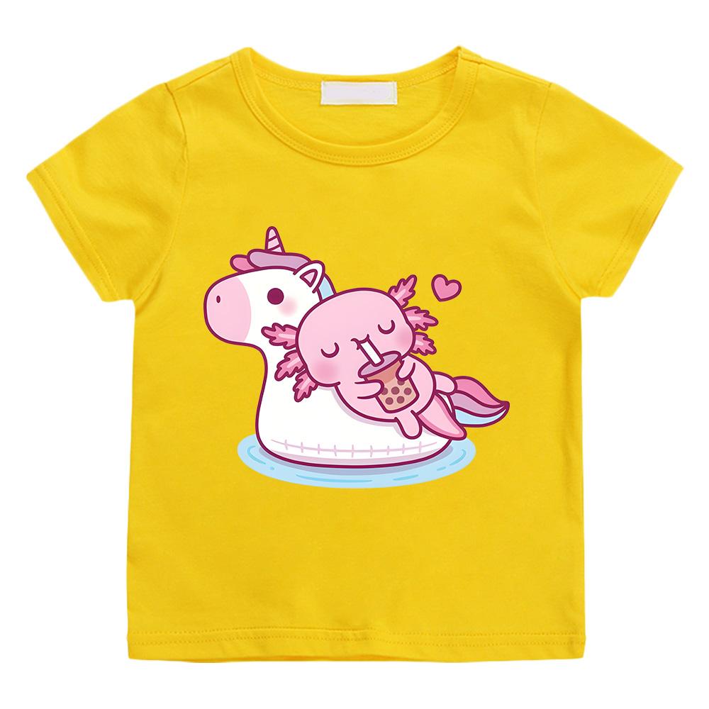 Axolotl Bubble Tea On Unicorn Tshirts Kawaii Anime Print Tops Cute Girl Cotton T-shirts Summer New Versatile Short Sleeve Tees