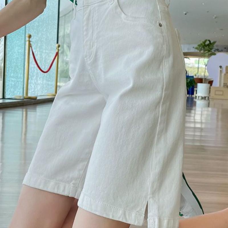 Kadınlar İçin Yazlık Beyaz Denim Şort İnce Kesim Yüksek Bel Zayıflatıcı Bol Düz Paça Geniş Paça 5/5 Pantolon Trend