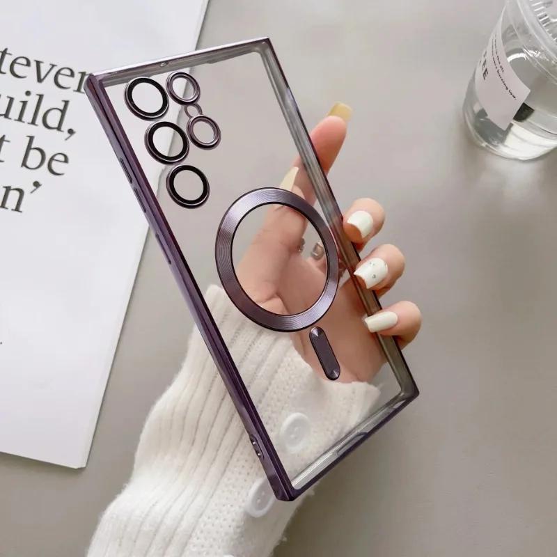 Luxury Plating For Magsafe Lens Protector Case For Samsung Galaxy S25 S24 S23 S21 S22 Ultra Plus Wireless Charge TPU Clear Cover