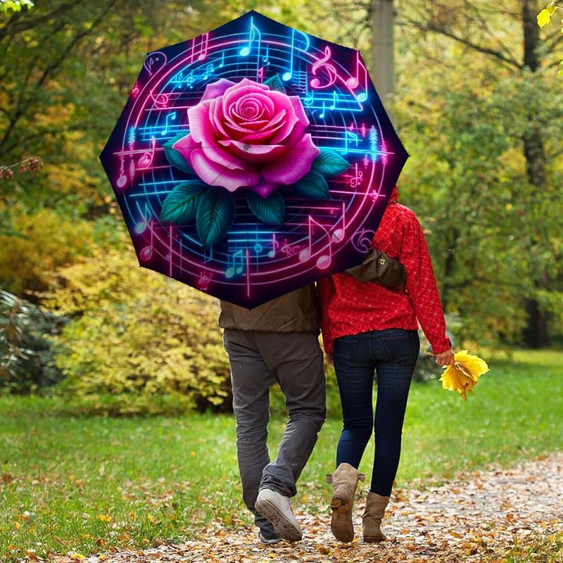 1pc Rose Music Automatic Folding Umbrella, Heavy Duty 8 Rib Iron Frame,  Suitable for Travel, Daily Use, Birthday, Decor Gift  68