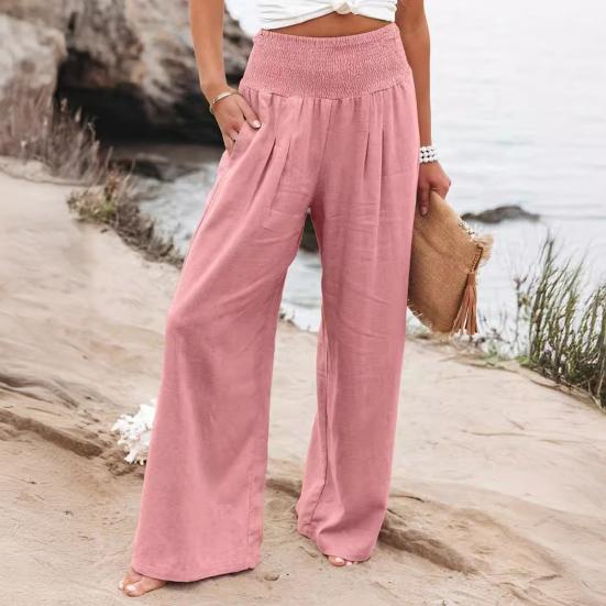 Women Pants Pleated Elastic High Waist Wide Leg Trousers with Pockets Pure Color Loose Fit Spring Casual Long Pants