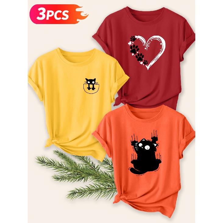 Three-piece Set Elegant Short-sleeved Shirt for Women Cat Pet-themed Printed Round-neck Women's Shirt T Shirt Suitable for Spring Wear Summer