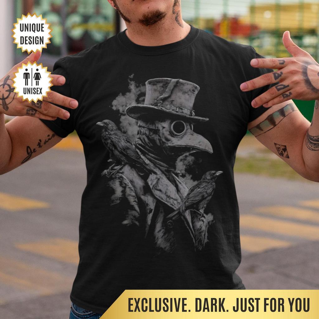 Pestdoktor T-Shirt Gotisch Schwarzer Tod Krähenmaske Tee, Steampunk Horror Shirt | Dunkle Geschichte & Okkultes Geschenk für Gothic Mode Fans