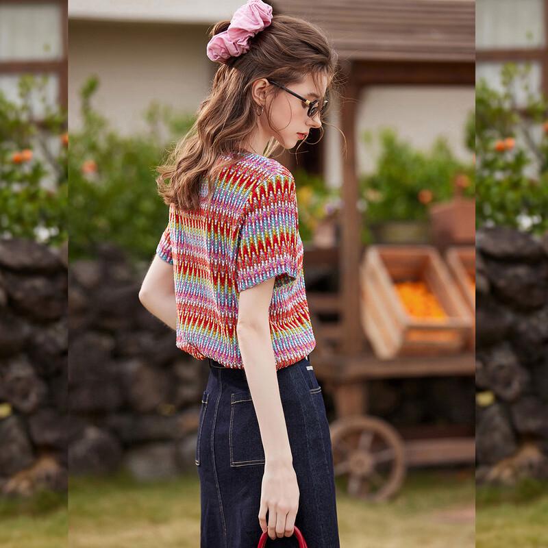 Bailuyu Women's Colorful Knitted Short Sleeve T-Shirt