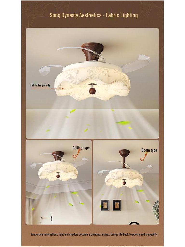 Vintage Song-Style Ceiling Fan Light with Printed Fabric Shade for Bedroom and Dining Room