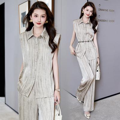 Wide-leg Pants Set Women's Summer New Design Temperament Striped Shirt Two-piece Set