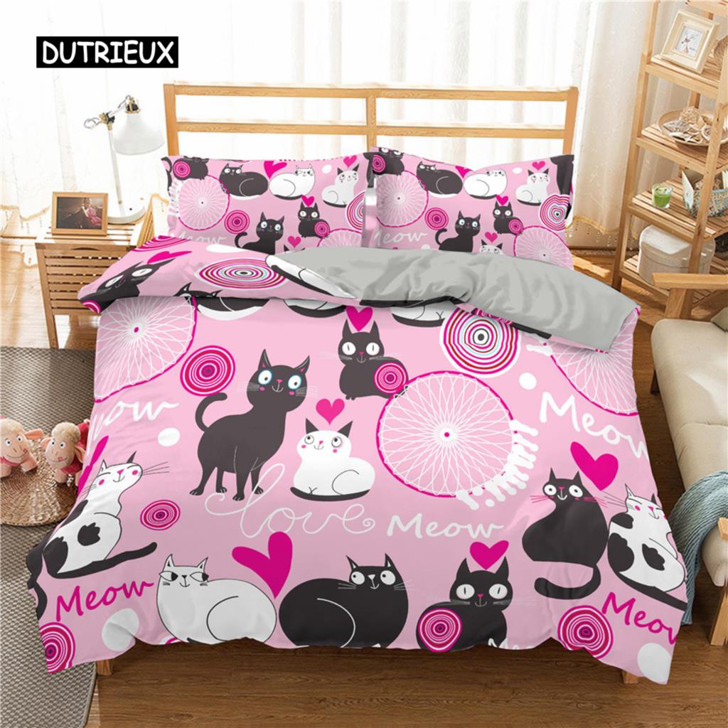 

Cute Cat Cartoon Bedding Set 3Pcs Polyester Duvet Cover Pillowcase King Queen Twin Size Home Textile EU single(135x200cm)