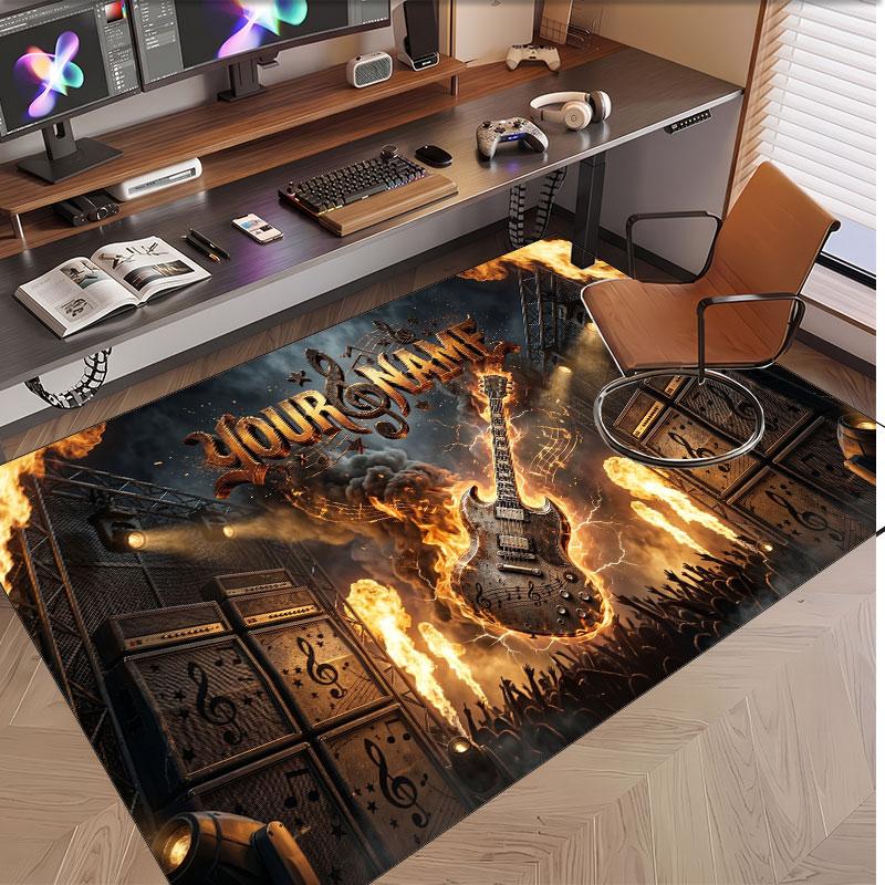 Music Guitar Theme Soft Crystal Velvet Rug Custom Name & Text Print Non Slip Floor Rug for Bedroom Living Room