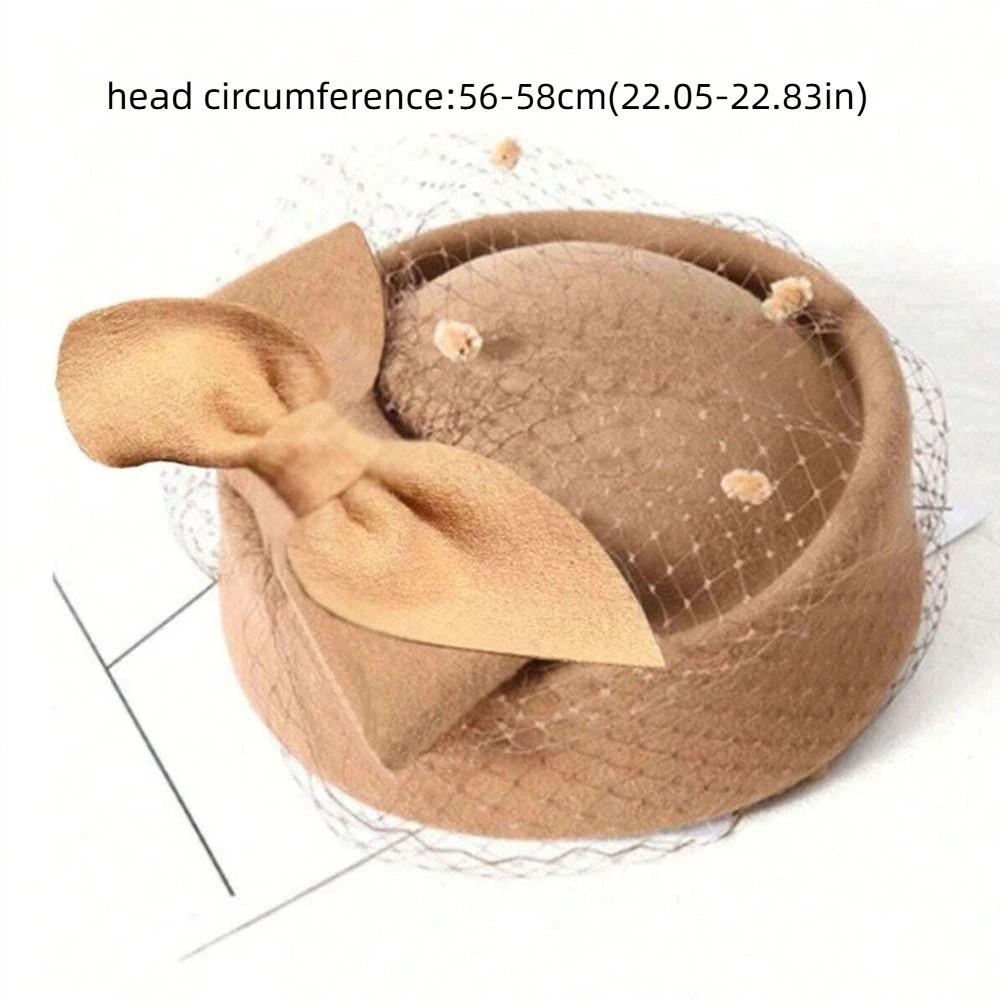 Vintage British Style Wool Bow Hat with Veil Cashmere Sweet Stewardess Cap Photography Decoration Elegant Fascinator Hat Wedding