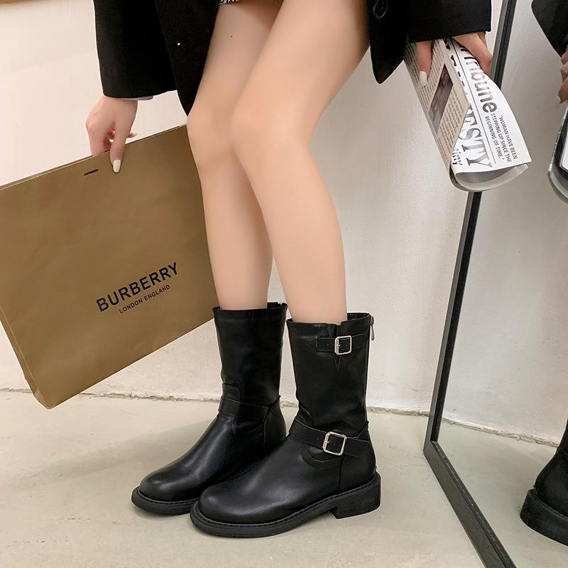 Hongtong Free and Easy Spice Girls~ Coarse Heel Fashion Boots Women's 2025 Autumn Maillard Wind Mid-tube Western Boots Martin Boots Women