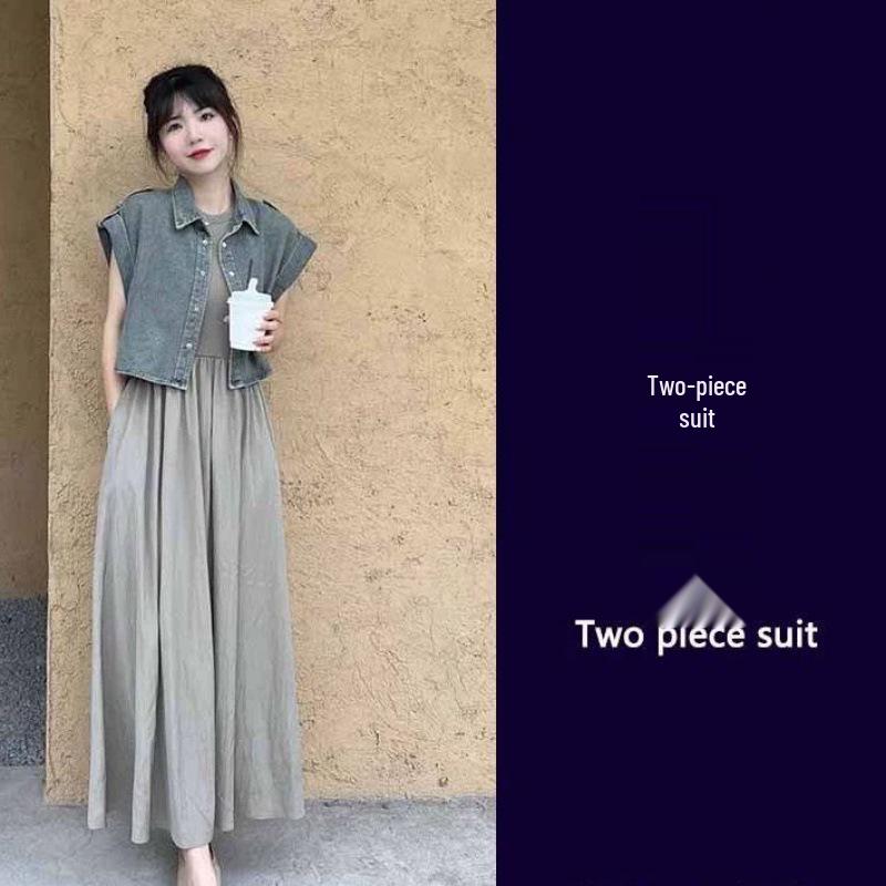 Tea-Toned Summer Chic: Salt-Style Denim Jacket & Dress Set - Trendy, Youthful, and Elegant.