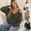 Women's Deep V Off Shoulder Loose Slouchy Knit Pullover Sweater, Fall Winter Basic Top for Ladies