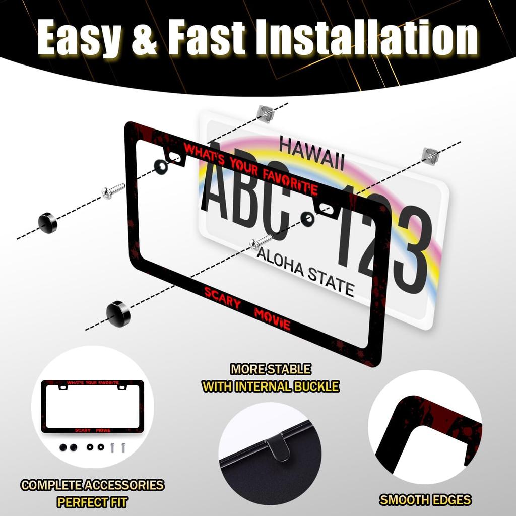 Funny License Plate Frame What‘S Your Favorite Scary Movie License Plate Holder Stainless Steel Auto Parts Blood License Plate Decoration For Men