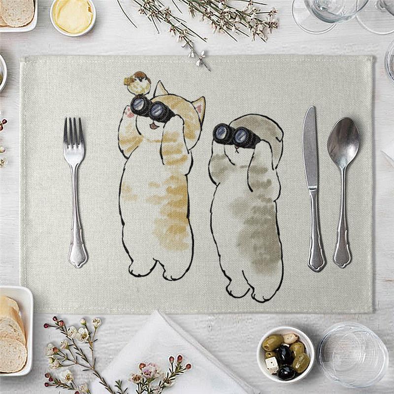 1 Pcs Dining Table Mats Cute Funny Cat Pattern Kitchen Placemat Drink Coasters Western Pad Cotton Linen Cup Mat Table Dining