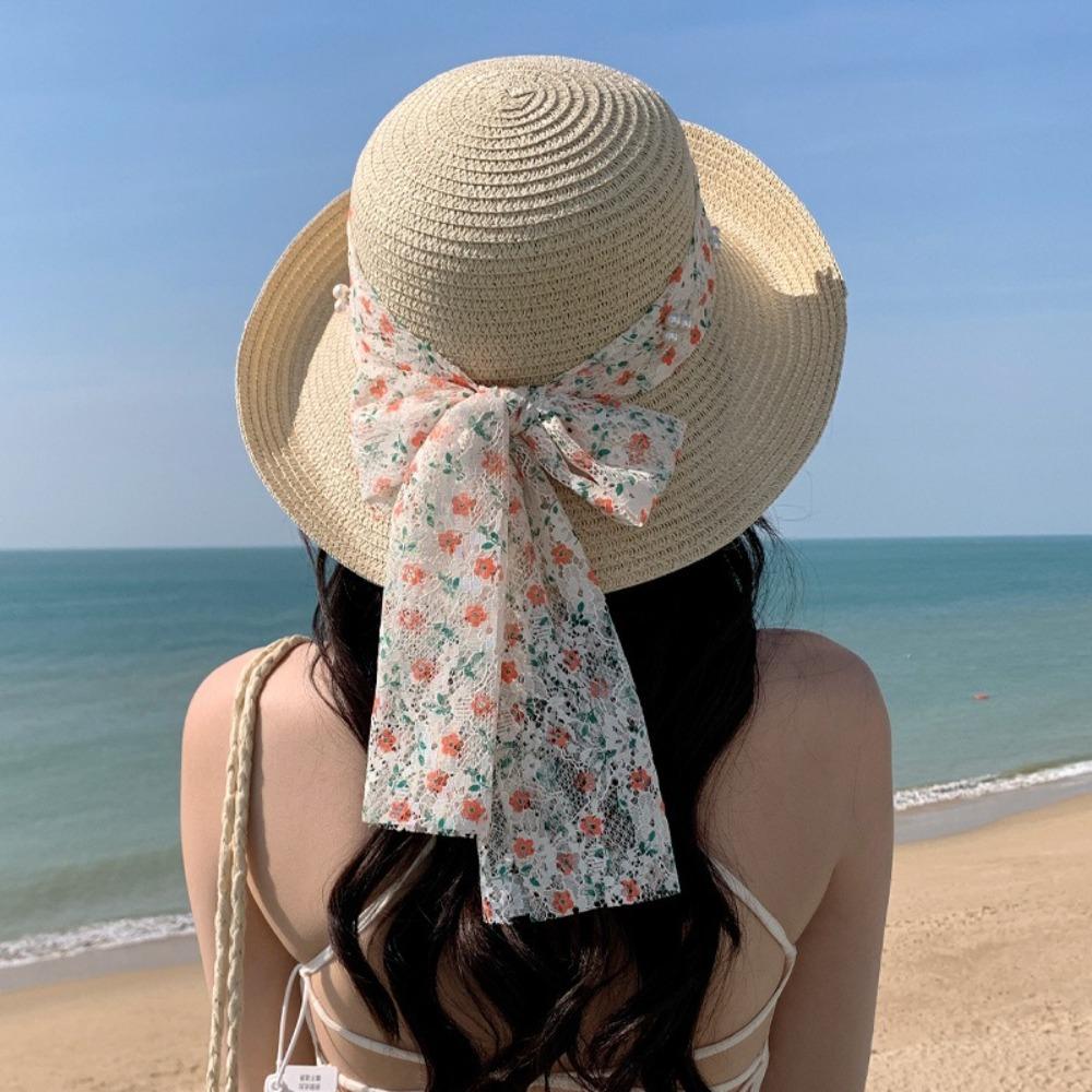

Large Brim Straw Hat Lace Bowknot Beach Hat Elegant Sunshade Cap Ladies хакі