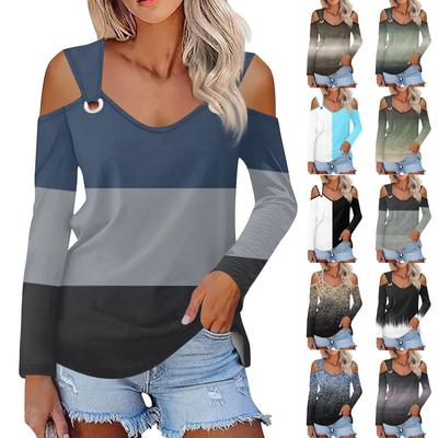 Women's Casual Shirt Blouse Print V-neck Sexy Cold Shoulder Long Sleeve Top
