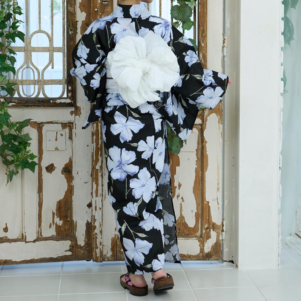 RAVIR Yukata Black with a Pale Wisteria Floral This Set Includes a Fluffy Obi and One Size Fits Women's 3-Piece Set Pattern. Fluffy, Sandals. All.
