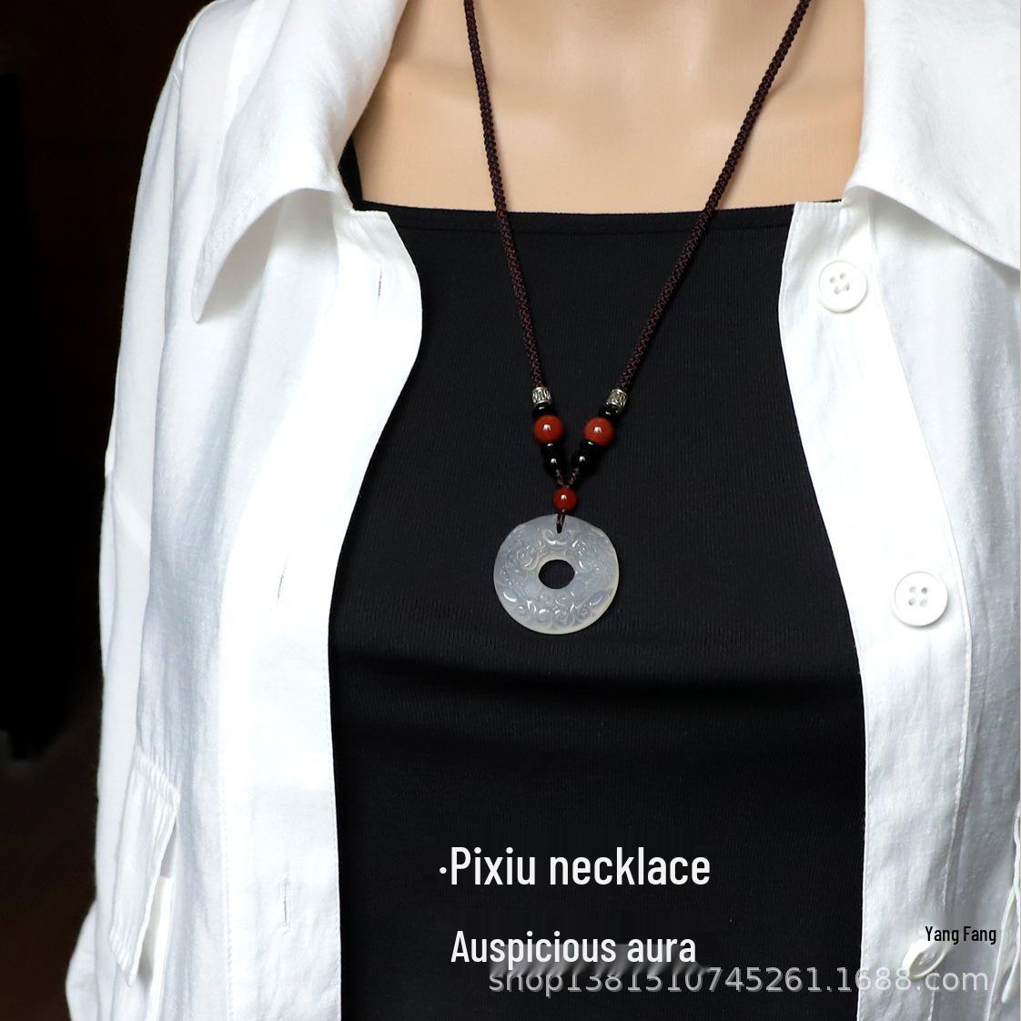 Unisex Ethnic White Agate Necklace with Auspicious Pixiu Pendant White Agate Double Pixiu Necklace - Red Beads
