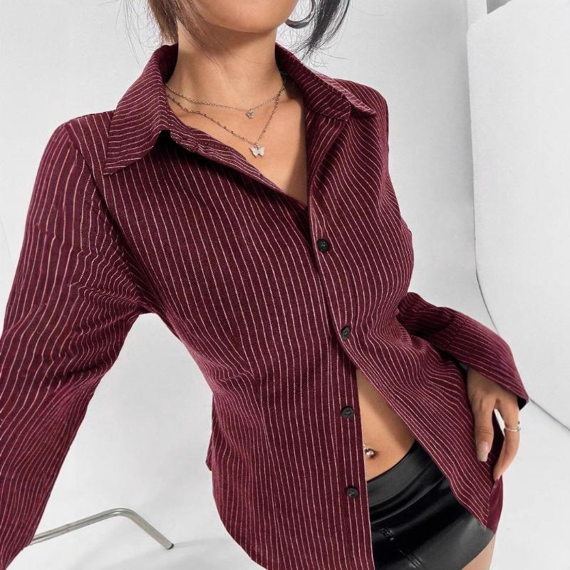 European and American Summer New Style Lapel Slim Striped Bell Sleeve Casual Shirt for Women