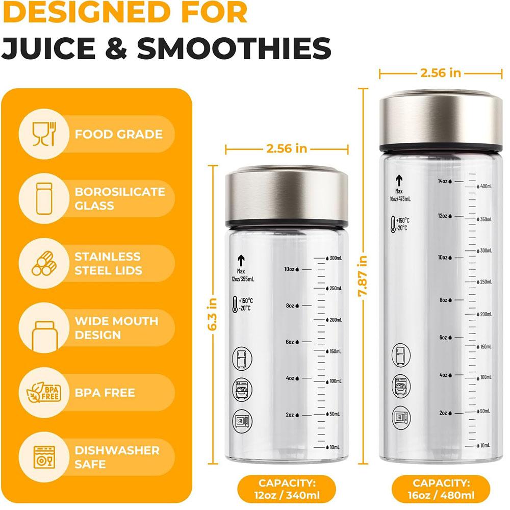 Glass Juice Bottles with Stainless Steel Lids,Heat-Resistant Borosilicate Glass for Juicing,Smoothies,Milk,Beverage Storage