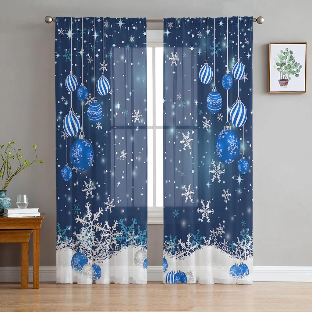 Christmas Tree Leaves Green Red Ball Snowflake Plant Tulle Sheer Window Curtains Living Room Voile Organza Curtains Drapes