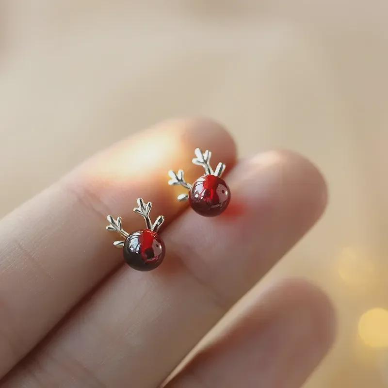 Red Garnet Deer Earrings: 925 Silver Christmas Jewelry for Women, Japanese & Korean Style