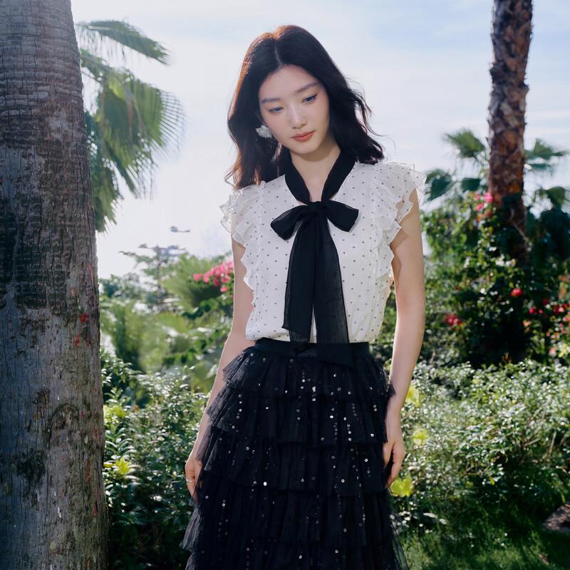 

Sweet Heart Print Ribbon Chiffon Blouse S
