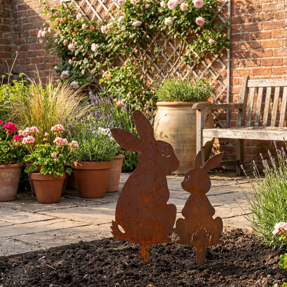 2PCS Rustic Metal Rabbit Garden Stakes Easter Yard Art Lawn Decor