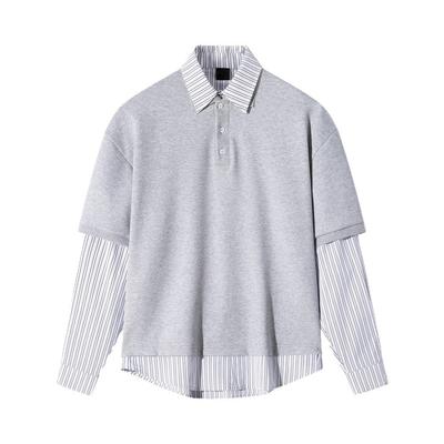 Gray Fake Two-piece American Retro Polo Shirt Sweatshirt Men's College Style Striped Long-sleeved T-shirt