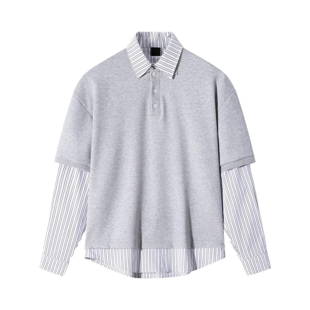

Gray Fake Two-piece American Retro Polo Shirt Sweatshirt Men s College Style Striped Long-sleeved T-shirt XXL