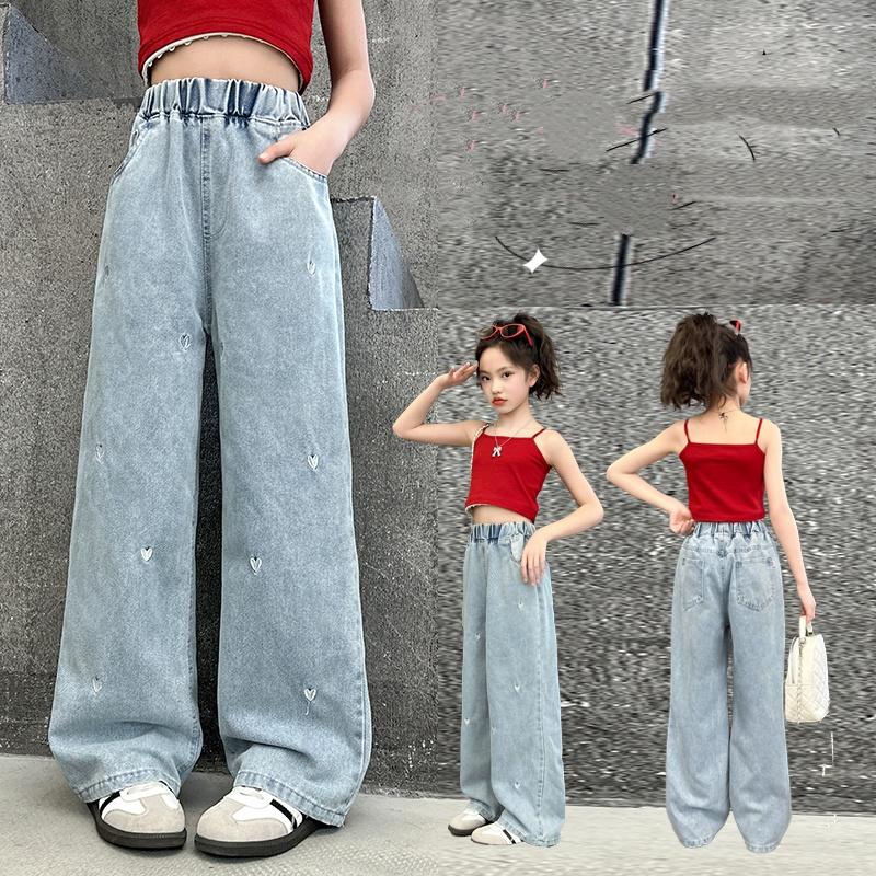 Summer Spring Girls Middle School Fashion Loose Solid Color Small Love Jeans Casual Pants Wide Leg Pants 4-10 Years Old