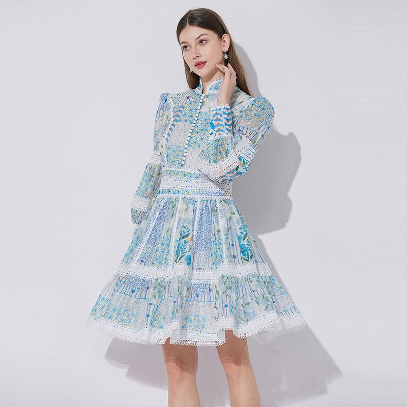 New French Elegant Lace Waist Lantern Sleeve Dress