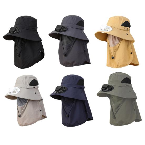 Solar Fan Hat Outdoor Wide Brim Sun Hat with Solar Powered Fan Summer UV Protection Bucket Hat with Face Guard for Golf Hiking Fishing