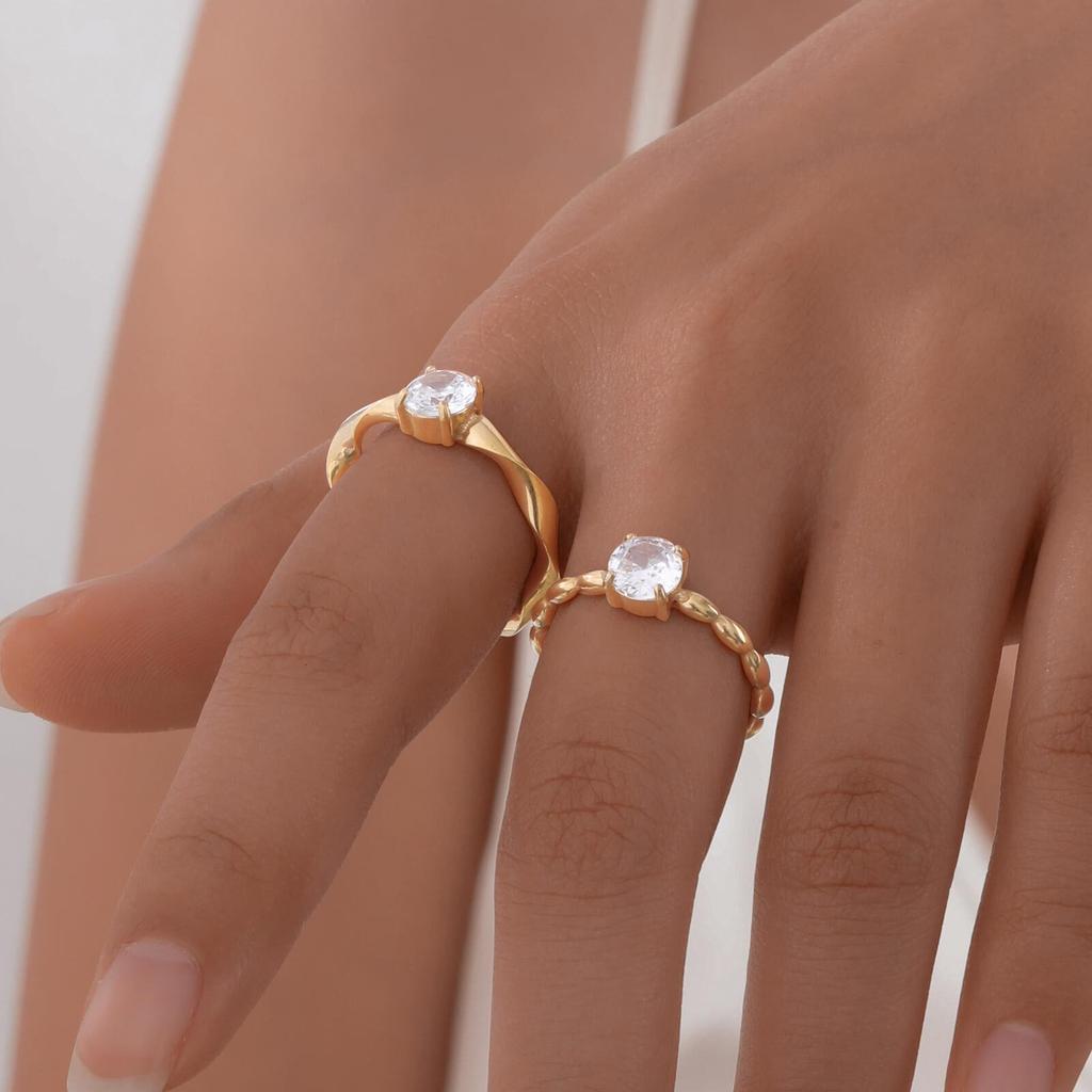 Vnox Inel Solitar pentru Femei, Bandă de Nuntă/Logodnă Răsucită din Oțel Inoxidabil Placat cu Aur, Inel Promisiune cu Piatră CZ AAA, Cadou pentru Soție