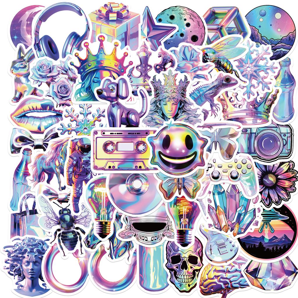 50pcs Cartoon Holographic Laser Aesthetic Stickers Waterproof Graffiti Decals For Water Bottle Luggage Laptop Phone