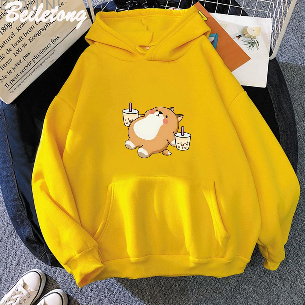 Boba Tea Hoodie Cute Dog Print Oversized Cartoon Women Sweatshirt Hoodie Kawaii Clothes for Girl Pullover Casual Harajuku