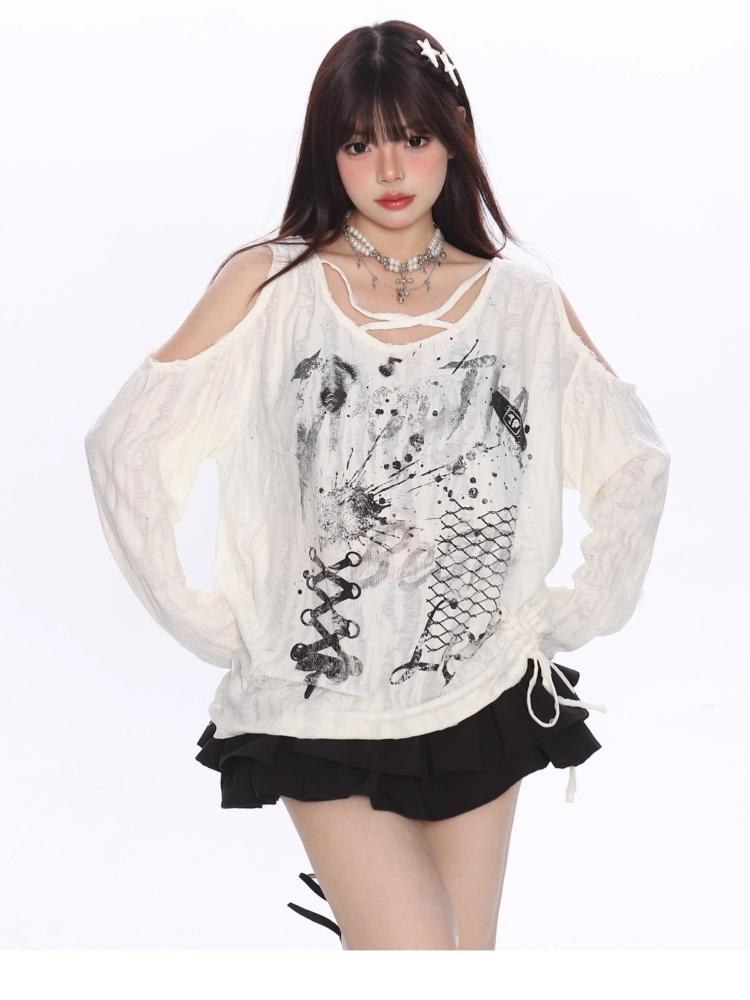 

с длинным рукавом оверсайз y2k Повседневный свободный весенне-летний осенний топ-футболка Женская футболка XXL белый